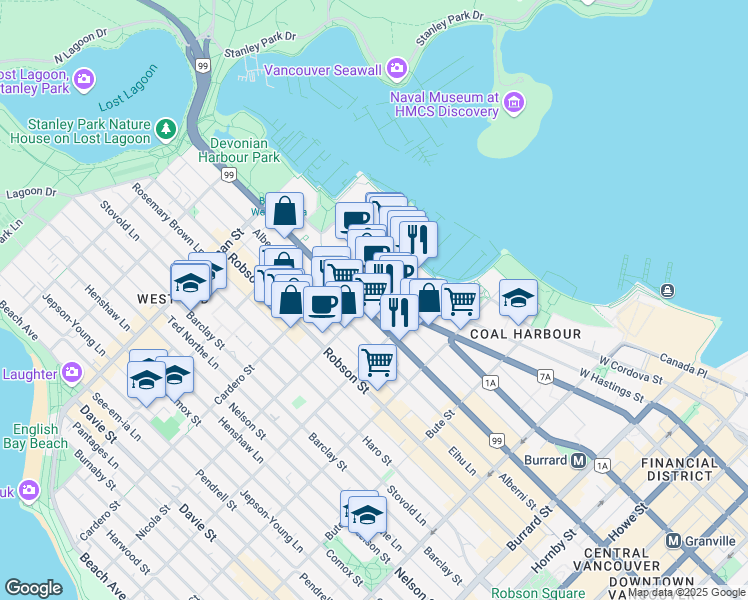 map of restaurants, bars, coffee shops, grocery stores, and more near 1477 West Pender Street in Vancouver