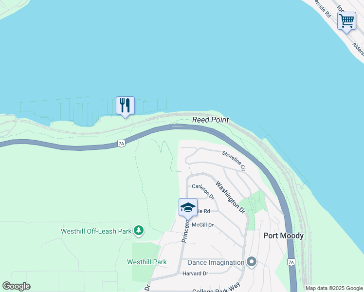 map of restaurants, bars, coffee shops, grocery stores, and more near 60 Shoreline Circle in Port Moody