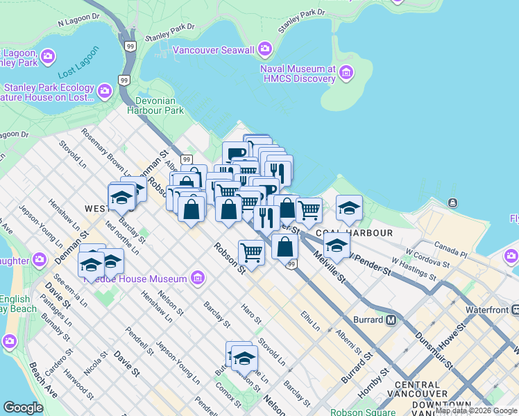 map of restaurants, bars, coffee shops, grocery stores, and more near 1499 West Pender Street in Vancouver