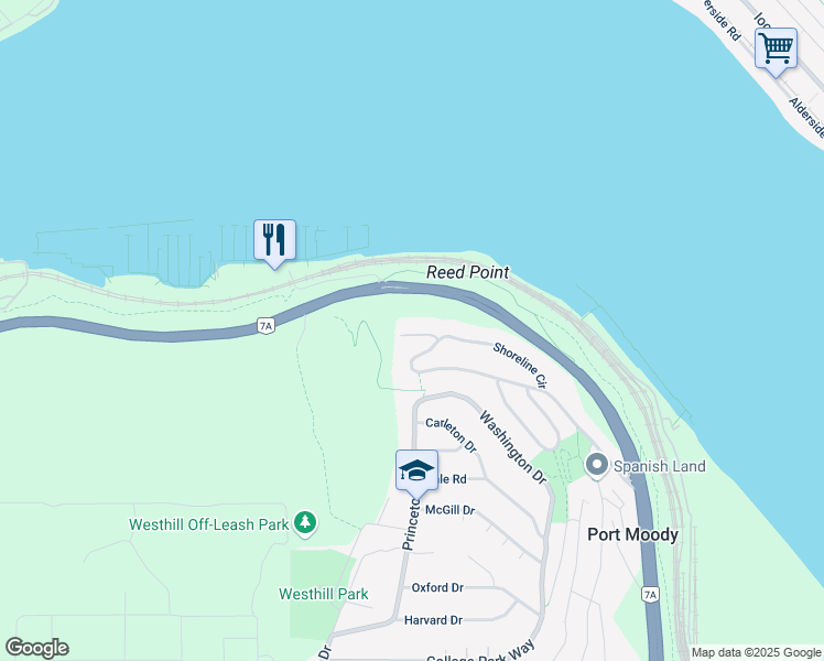 map of restaurants, bars, coffee shops, grocery stores, and more near 62 Shoreline Circle in Port Moody