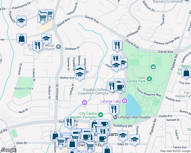 map of restaurants, bars, coffee shops, grocery stores, and more near 2988 Walton Avenue in Coquitlam