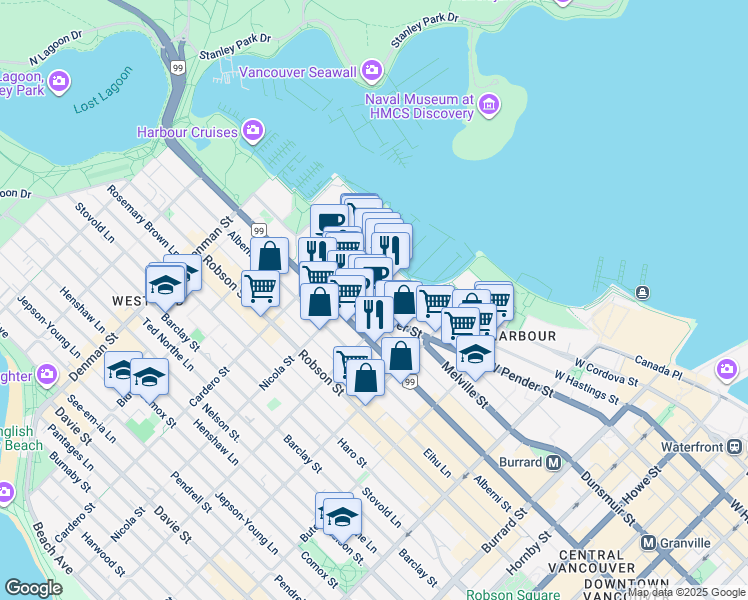 map of restaurants, bars, coffee shops, grocery stores, and more near 510 Nicola Street in Vancouver