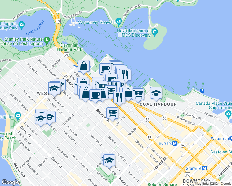 map of restaurants, bars, coffee shops, grocery stores, and more near 1499 West Pender Street in Vancouver