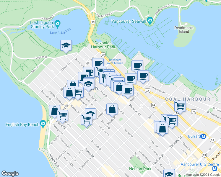 map of restaurants, bars, coffee shops, grocery stores, and more near in Vancouver