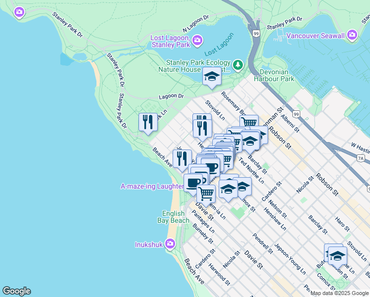 map of restaurants, bars, coffee shops, grocery stores, and more near in Vancouver