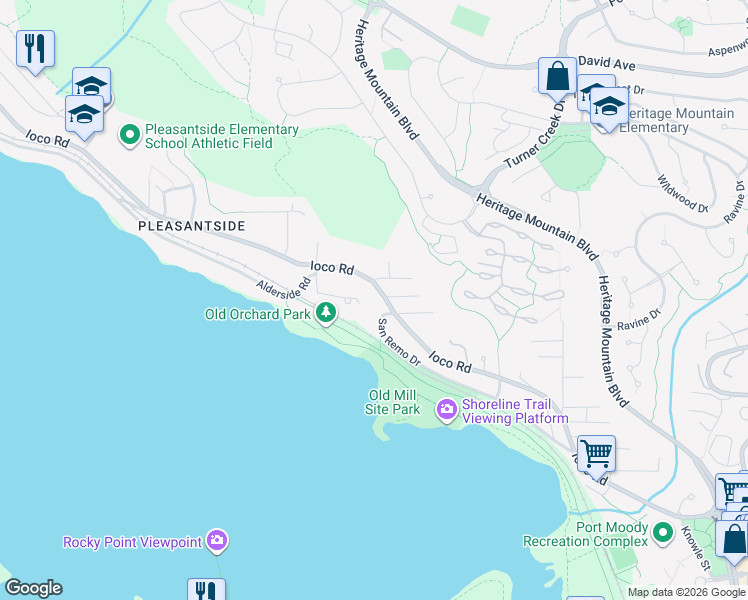map of restaurants, bars, coffee shops, grocery stores, and more near 600 Bentley Road in Port Moody