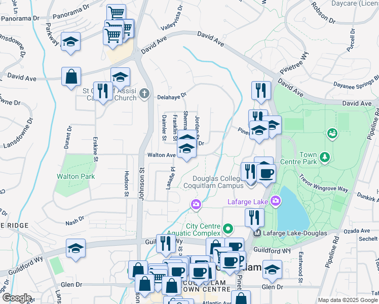 map of restaurants, bars, coffee shops, grocery stores, and more near 1281 Sherman Street in Coquitlam