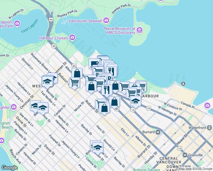 map of restaurants, bars, coffee shops, grocery stores, and more near 1466 West Hastings Street in Vancouver