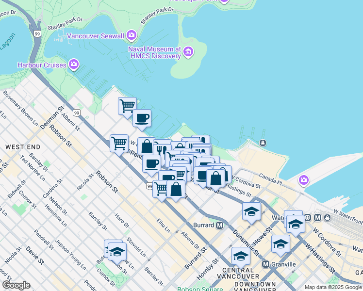 map of restaurants, bars, coffee shops, grocery stores, and more near 358 Jervis Mews in Vancouver