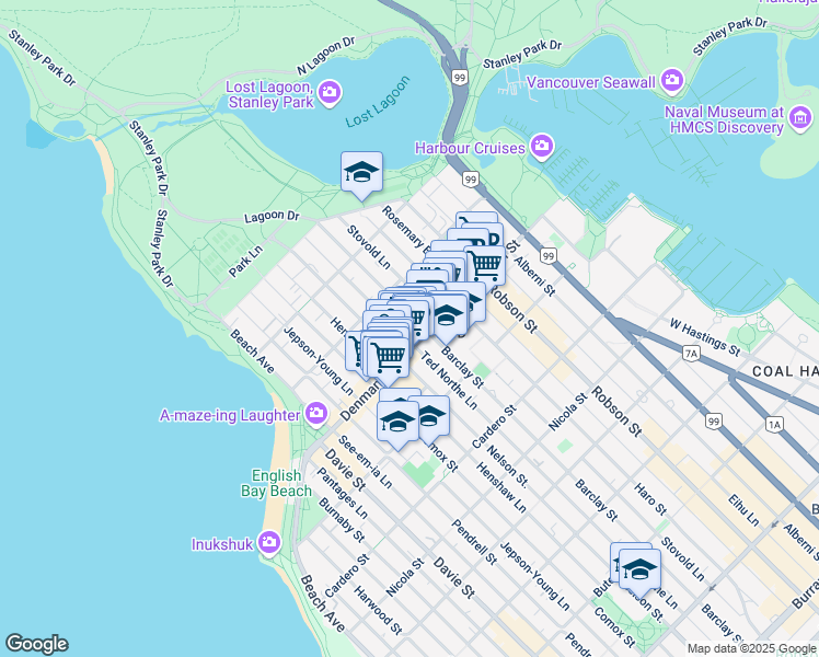 map of restaurants, bars, coffee shops, grocery stores, and more near in Vancouver