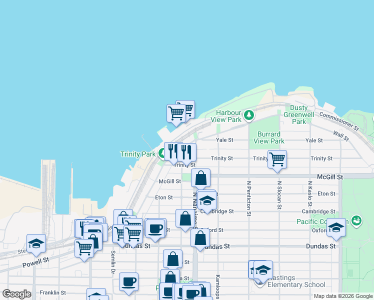map of restaurants, bars, coffee shops, grocery stores, and more near 2366 Wall Street in Vancouver