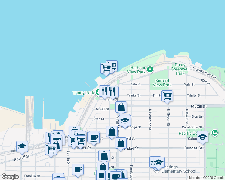 map of restaurants, bars, coffee shops, grocery stores, and more near in Vancouver