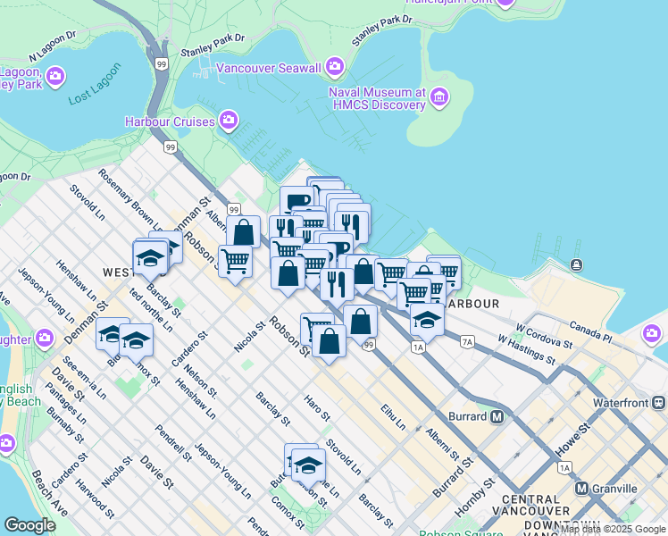 map of restaurants, bars, coffee shops, grocery stores, and more near 1478 West Hastings Street in Vancouver