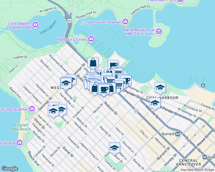map of restaurants, bars, coffee shops, grocery stores, and more near in Vancouver
