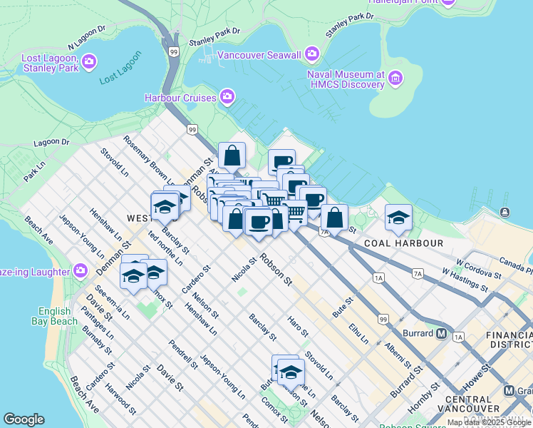 map of restaurants, bars, coffee shops, grocery stores, and more near in Vancouver