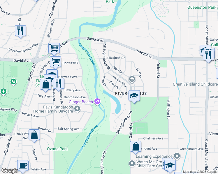 map of restaurants, bars, coffee shops, grocery stores, and more near 1250 River Drive in Coquitlam