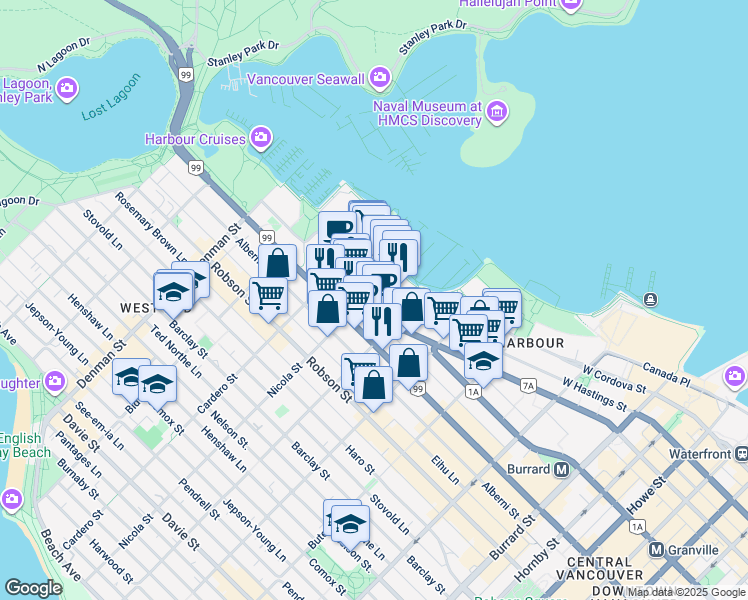 map of restaurants, bars, coffee shops, grocery stores, and more near 1486 West Hastings Street in Vancouver