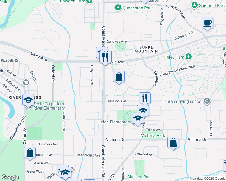 map of restaurants, bars, coffee shops, grocery stores, and more near 3382 Edwin Court in Coquitlam