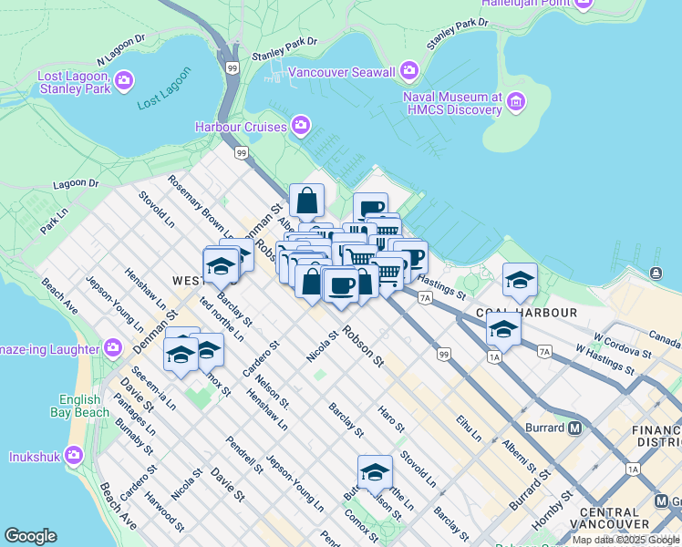 map of restaurants, bars, coffee shops, grocery stores, and more near 1603 Alberni Street in Vancouver
