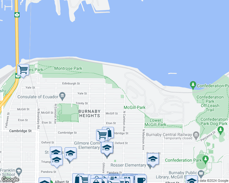 map of restaurants, bars, coffee shops, grocery stores, and more near 4137 Yale Street in Burnaby