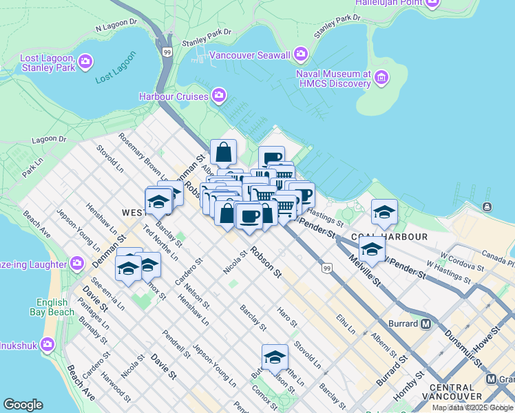 map of restaurants, bars, coffee shops, grocery stores, and more near in Vancouver