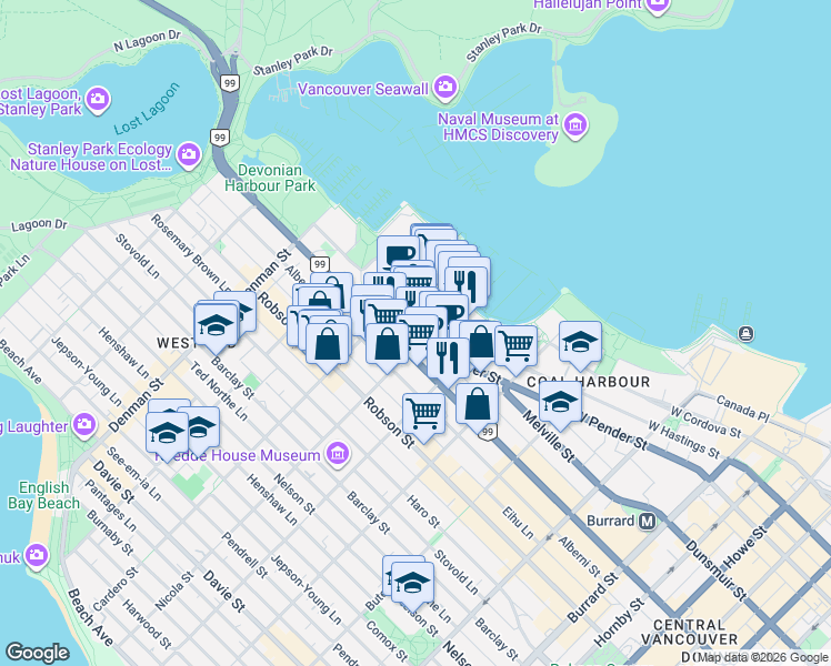 map of restaurants, bars, coffee shops, grocery stores, and more near 1529 West Pender Street in Vancouver