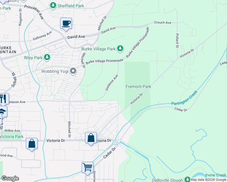 map of restaurants, bars, coffee shops, grocery stores, and more near Flywheel Trail in Coquitlam