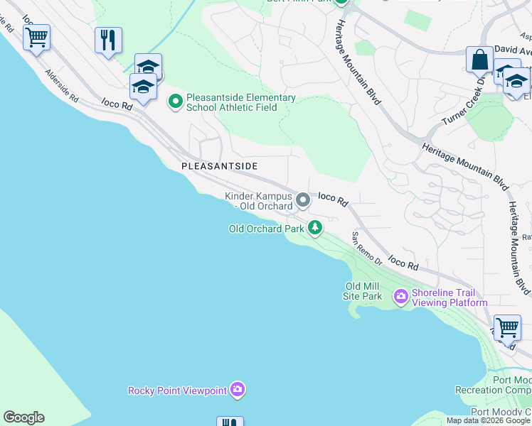 map of restaurants, bars, coffee shops, grocery stores, and more near 648 Alderside Road in Port Moody