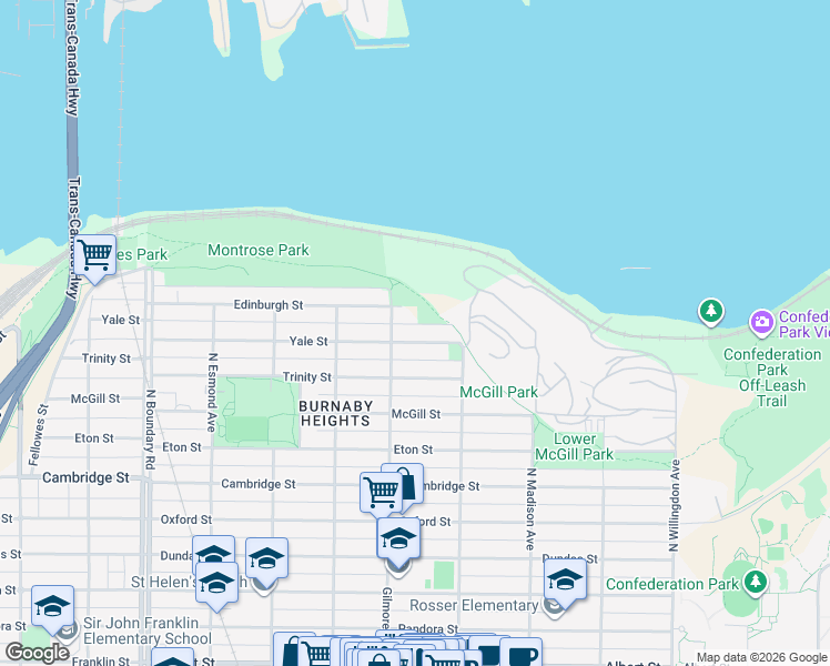 map of restaurants, bars, coffee shops, grocery stores, and more near 4131 Yale Street in Burnaby