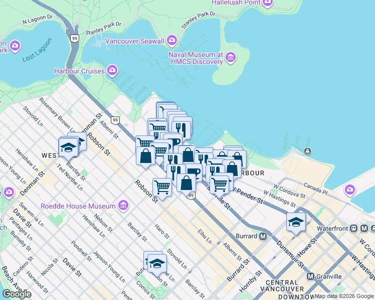 map of restaurants, bars, coffee shops, grocery stores, and more near 499 Broughton Street in Vancouver
