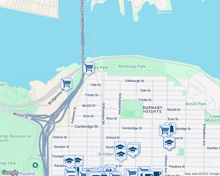map of restaurants, bars, coffee shops, grocery stores, and more near 3737 Yale Street in Burnaby