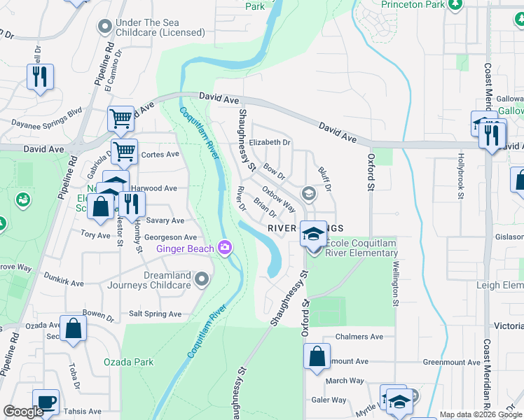 map of restaurants, bars, coffee shops, grocery stores, and more near 1249 River Drive in Coquitlam