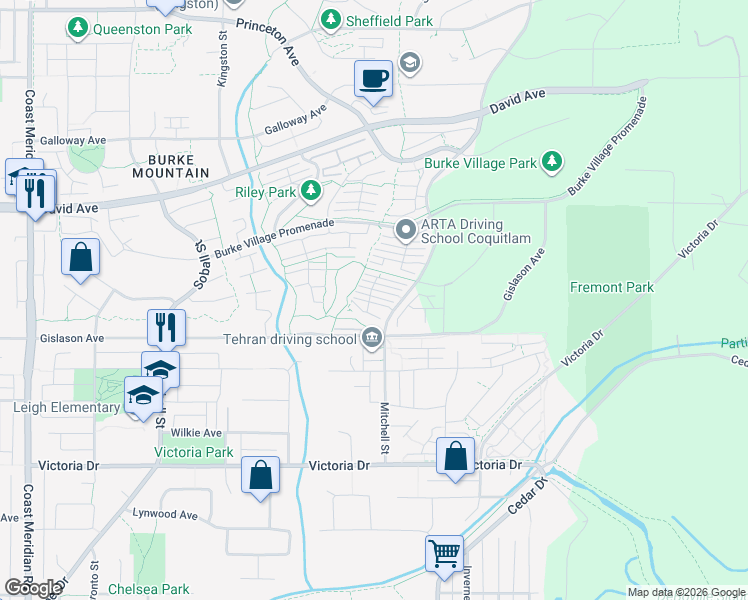 map of restaurants, bars, coffee shops, grocery stores, and more near 1290 Mitchell Street in Coquitlam