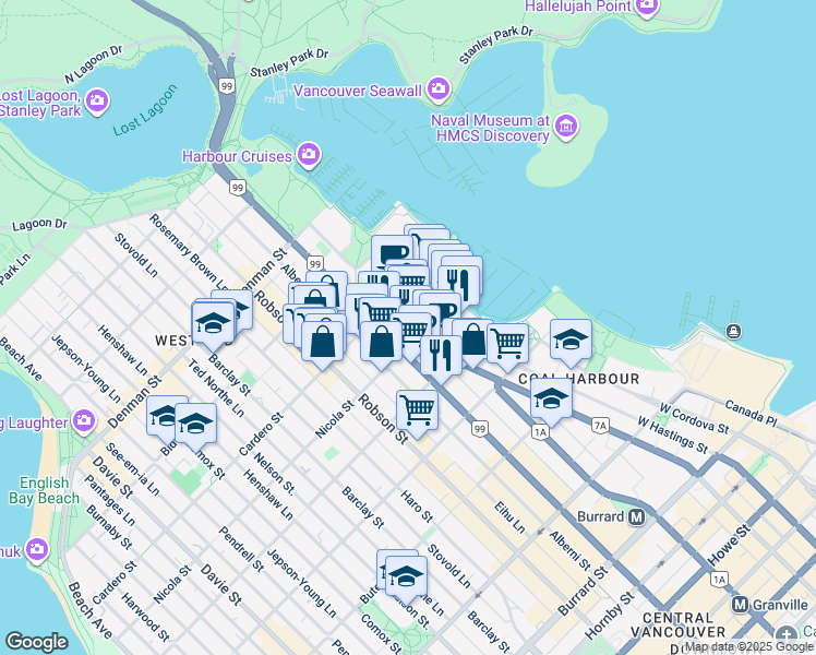 map of restaurants, bars, coffee shops, grocery stores, and more near in Vancouver