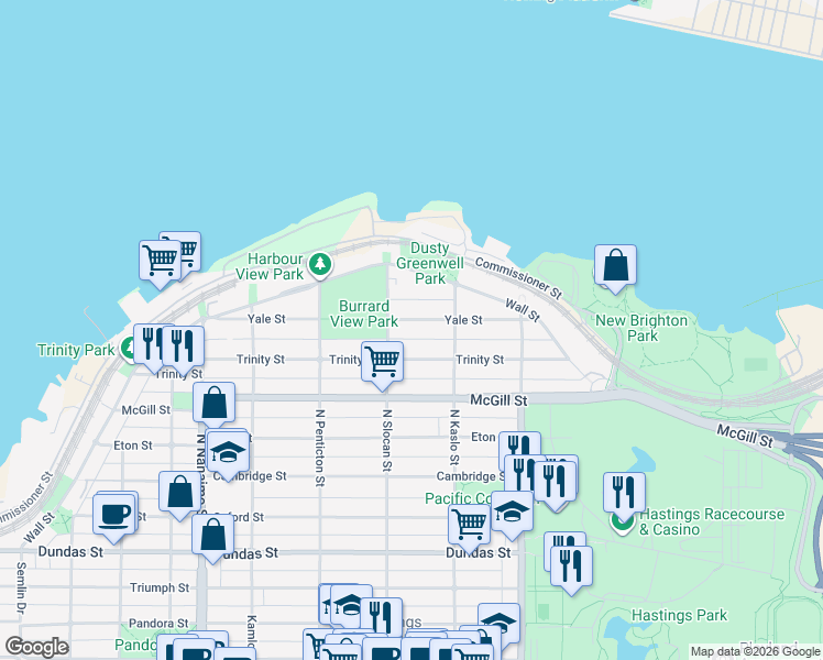 map of restaurants, bars, coffee shops, grocery stores, and more near 2734 Yale Street in Vancouver