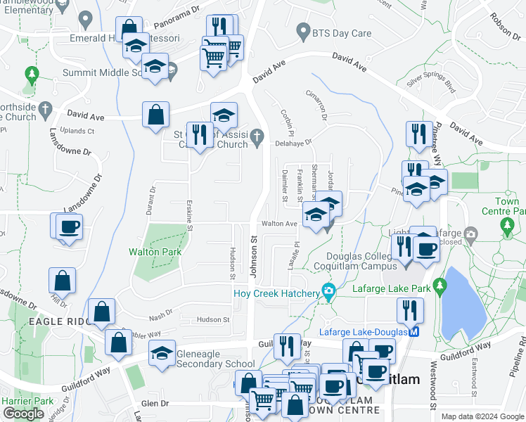 map of restaurants, bars, coffee shops, grocery stores, and more near 1288 Johnson Court in Coquitlam
