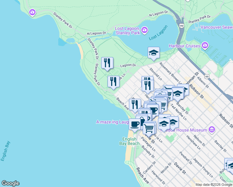 map of restaurants, bars, coffee shops, grocery stores, and more near in Vancouver