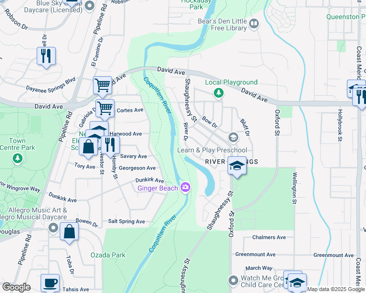 map of restaurants, bars, coffee shops, grocery stores, and more near 1261 River Drive in Coquitlam