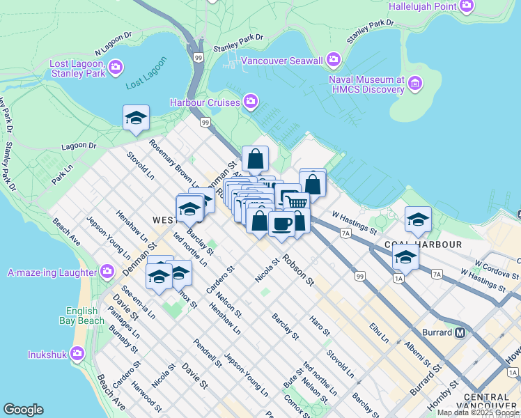 map of restaurants, bars, coffee shops, grocery stores, and more near 1650 Alberni Street in Vancouver