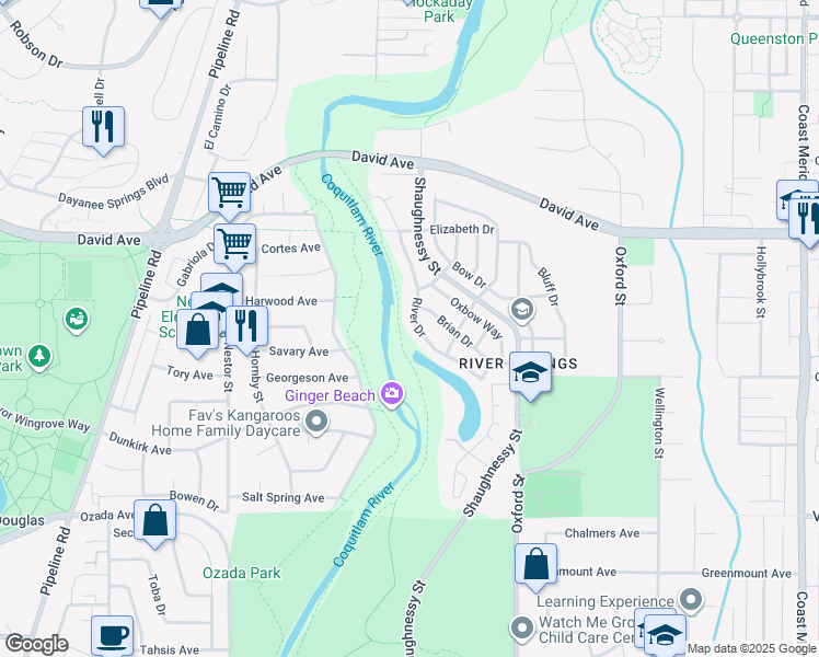 map of restaurants, bars, coffee shops, grocery stores, and more near 1261 River Drive in Coquitlam