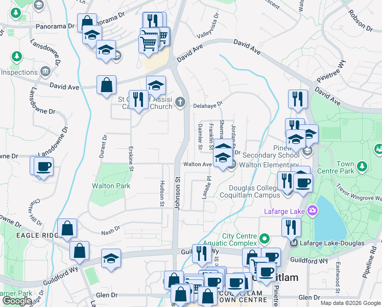 map of restaurants, bars, coffee shops, grocery stores, and more near 1285 Johnson Court in Coquitlam