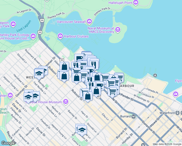 map of restaurants, bars, coffee shops, grocery stores, and more near 590 Nicola Street in Vancouver