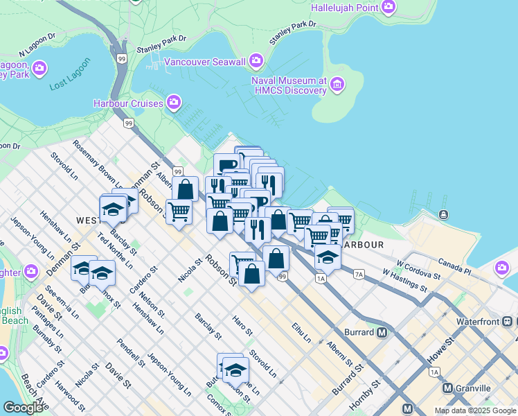 map of restaurants, bars, coffee shops, grocery stores, and more near 590 Nicola Street in Vancouver