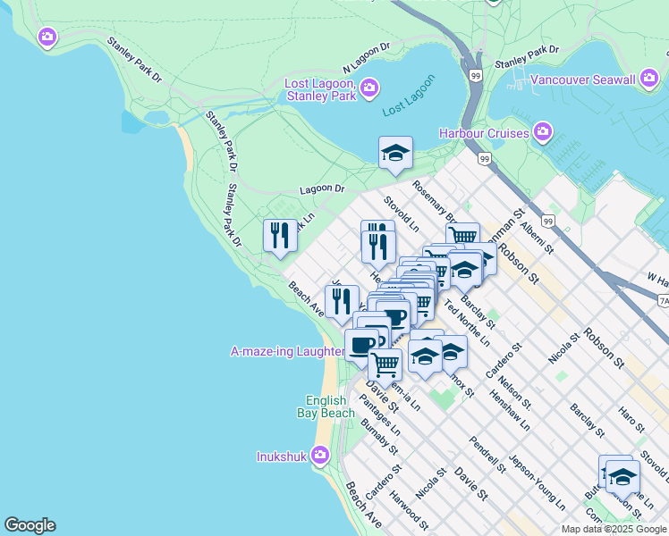 map of restaurants, bars, coffee shops, grocery stores, and more near 2020 Comox Street in Vancouver