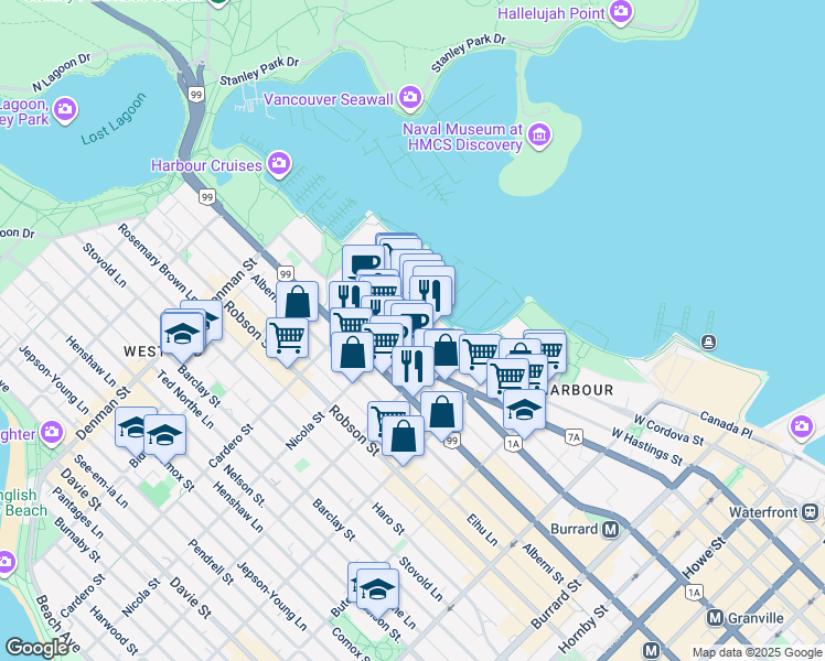 map of restaurants, bars, coffee shops, grocery stores, and more near 1102 Nicola Street in Vancouver