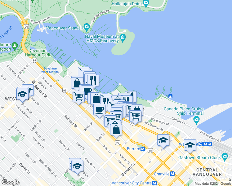 map of restaurants, bars, coffee shops, grocery stores, and more near 323 Jervis Street in Vancouver