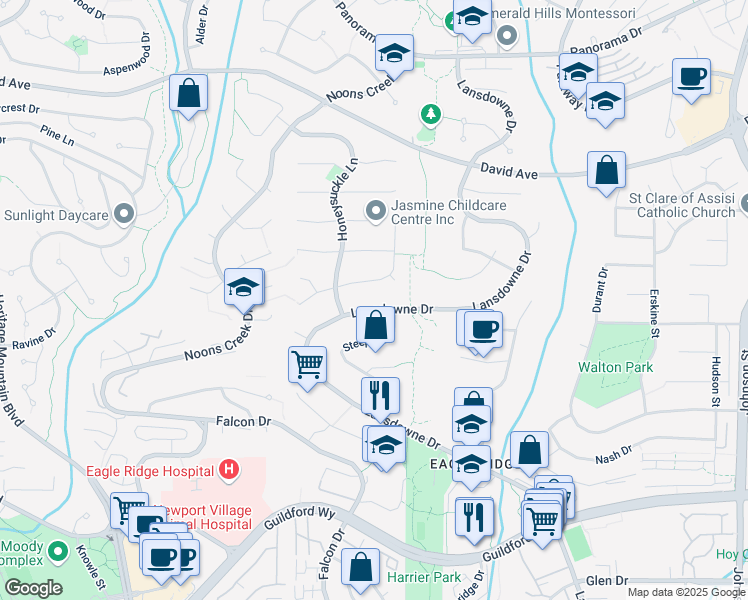 map of restaurants, bars, coffee shops, grocery stores, and more near 1346 Lansdowne Drive in Coquitlam