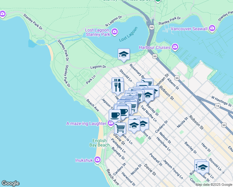 map of restaurants, bars, coffee shops, grocery stores, and more near 1928 Nelson Street in Vancouver