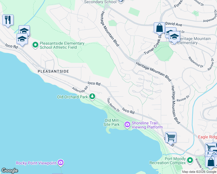 map of restaurants, bars, coffee shops, grocery stores, and more near in Port Moody