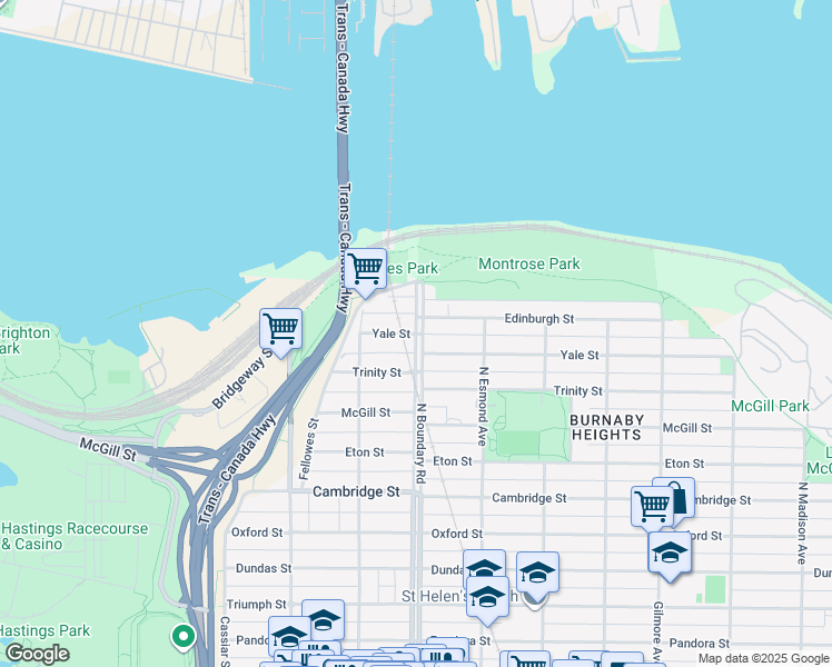 map of restaurants, bars, coffee shops, grocery stores, and more near Yale Street & North Boundary Road in Vancouver